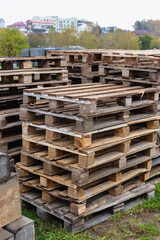 Wooden pallets for transporting building materials on a construction site