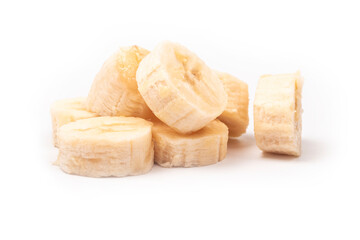 on a white background. peeled banana, cut into pieces. close-up.
