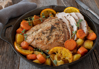 Roasted turkey breast with fried potatoes and caramelized carrots with oranges. Cooked in a slow cooker