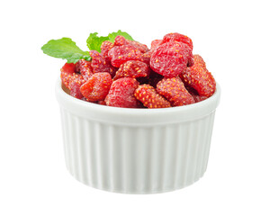 Dried sweet strawberries in cup isolated on white background.