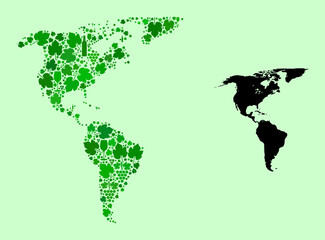 Vector Map of South and North America. Mosaic of green grapes, wine bottles. Map of South and North America mosaic formed from bottles, grapes, green leaves.