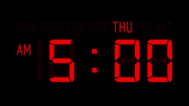 Loopable: Red LED digital clock displays the current time at Thursday in 12-hours AM/PM format updating 1 minute per frame. Animated digits on black background.