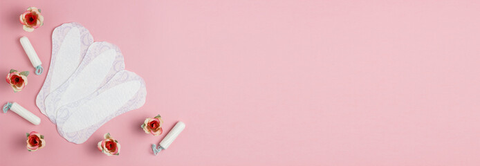 Feminine hygiene panty liner for menstruation. Menstrual cycle, pad. pink background. Tampons, rose...