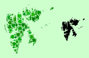 Vector Map of Svalbard Islands. Collage of green grapes, wine bottles. Map of Svalbard Islands mosaic created with bottles, grapes, green leaves.