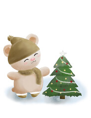 Happy winter bear illustration with Christmas tree postcard