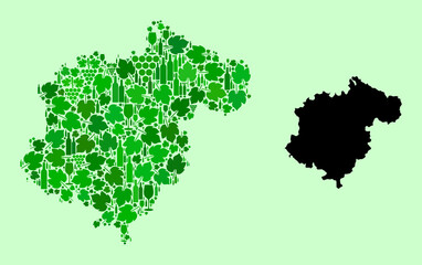 Vector Map of Teruel Province. Combination of green grape leaves, wine bottles. Map of Teruel Province collage designed with bottles, berries, green leaves.