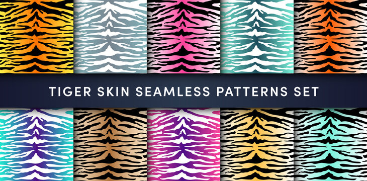 Tiger seamless pattern set. Vector wild animal skin textured background, tiger or zebra stripes print on neon gradient color background. Abstract jungle safari texture for fashion print design, fabric