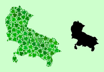 Vector Map of Uttar Pradesh State. Mosaic of green grapes, wine bottles. Map of Uttar Pradesh State mosaic designed from bottles, berries, green leaves.