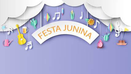 Festa Junina headline with guitar, cactus, beer, bonfire, lantern, flag, sunflower, corn, straw hat, bonfire, watering can and firework hanging on cloud. paper cut and craft style. vector, illustation - obrazy, fototapety, plakaty