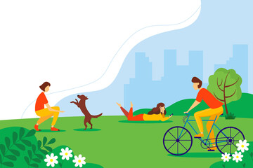 City park with people doing various activities. The concept of outdoor recreation. Summer illustration.