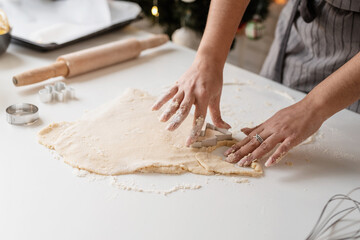 Smiling woman in the kitchen baking christmas cookies
