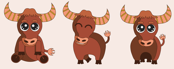 set of vector sticker - kawaii brown bull with big eyes. Cattle on the farm. Pet mascot. cute animal mascot. Flat elegant collection