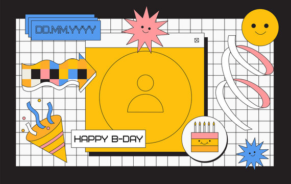 Happy birthday greeting banner with geometric elements, stickers and emoji in oldschool 90s, 80s style with place for photo and text. Hipster card with smiling abstract shapes and arrow.