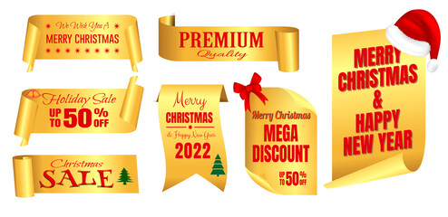 set of realistic red banner christmas sale isolated or scroll red paper christmas or christmas sale tag greeting. eps vector