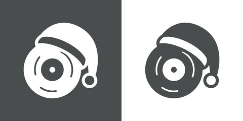 Canción de navidad. Logotipo con disco de vinilo con sombrero de Papá Noel en fondo gris y fondo blanco
