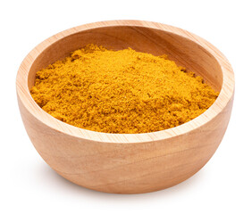 Curry Powder isolated on white background, Turmeric Powder on a wooden blow on white background With clipping path.