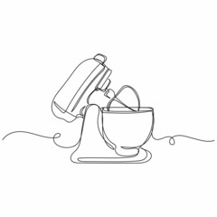 Obraz premium Vector continuous one single line drawing icon of stand food mixer machine in silhouette on a white background. Linear stylized.