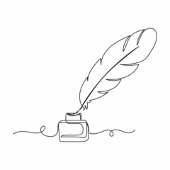 Vector continuous one single line drawing icon of feather pen into the inkwell in silhouette on a white background. Linear stylized. © Yana