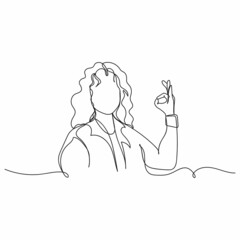 Vector continuous one single line drawing icon of businesswoman showing okay sign gesture in silhouette on a white background. Linear stylized.