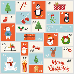 Christmas Advent calendar with cute elements. Christmas funny poster. Countdown calendar. Vector illustration