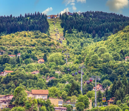 Cable car lift from the center of Sarajevo to green Trebevic Mountain in Bosnia and Herzegovina.