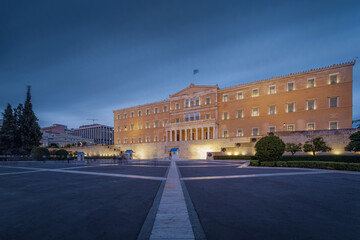 Syntagma Square and Hellenic Parliament at dusk, Athens, Greece