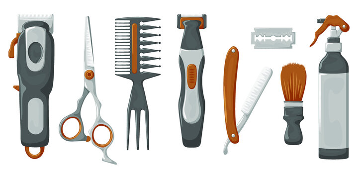 Vector set of tools for a barbershop in a cartoon style.