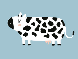 Cute Nursery Vector Art with a Big White-Black Cow. Happy Farm Party Print ideal for Card, Wall Art, Poster, Birhday. Funny Cow Isolated on a Blue Background.