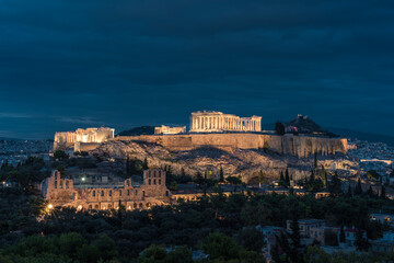 Sunset landscapes of the Acropolis in Athens, Greece