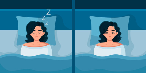 Healthy Sleep and Insomnia. A sleeping and sleepless girl with bags under her eyes. Vector illustration of a woman in bed. Sleep disorder. Flat style