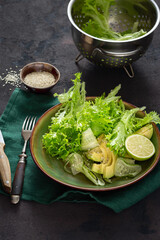 Plate with diet salad on a dark background close up