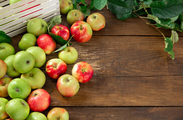 Freshly picked apples on wooden table