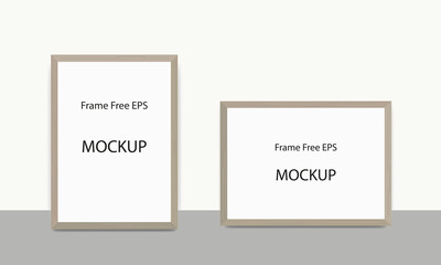 Set of mockups for pictures, photos. Vector frame template for pictures, posters. Wooden frame on the wall, A4 cards and square. On the background of a white wall.