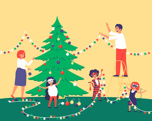 Happy family decorates the Christmas tree and the room for Christmas. Mom and daughter hang toys on the Christmas tree. Dad with children hangs flags on the wall. Flat vector illustration.