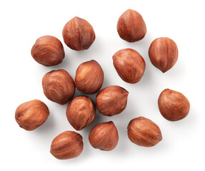 Hazelnut isolated. Hazelnut set on white background. Hazelnut background top view. Full depth of field.