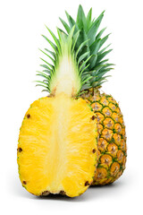 Pineapple with half and leaves isolated. Whole and cut pineapple on white background. With clipping path. Full depth of field.