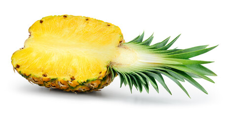 Pineapple half with leaves isolated. Cut pineapple on white background. With clipping path. Full...