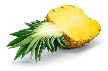 Pineapple half with leaves isolated. Cut pineapple on white background. With clipping path. Full depth of field.