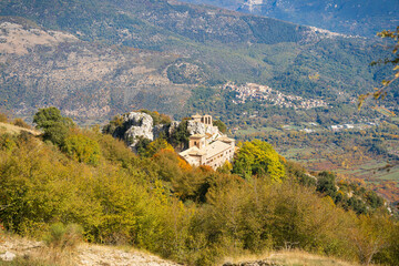 Scenic mountain view to Shrine of Our Lady of Mentorella in Lazio, Italy