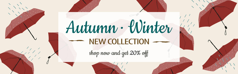 Horizontal banner for autumn winter new collection with umbrella and rainy background. Store sign with the text: Shop now and get 20% off. For social media, web sign, sale promotions, e-commerce...