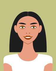 Vector portrait of a beautiful young brunette woman with makeup and hairstyle in a square of trendy colors. Concept avatar