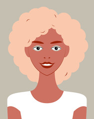 Vector close-up portrait of a pretty smiling young woman with lush curly blonde hair, dark skin and beautiful makeup in trendy colors. Concept avatar