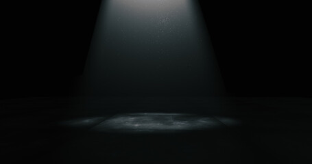 empty stage illuminated with one centered spotlight. Dark scene with neutral colors. 3D render.