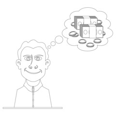 The grinning man is thinking about money coloring book. Vector illustration on the theme of a greedy person.