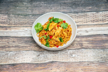 Vegetable noodles with chicken meat preparation