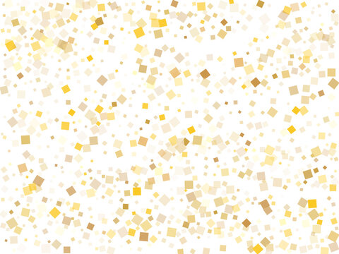 Abstract gold square confetti tinsels falling on white. Rich holiday vector sequins background. Gold foil confetti party glitter illustration. Rhombus particles party background.