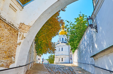 Dormition Cathedral of Kyiv Pechersk Lavra Monastery behind the buttress, Kyiv, Ukraine