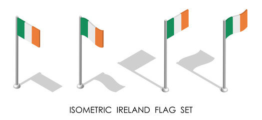 isometric flag of Republic of IRELAND in static position and in motion on flagpole. 3d vector