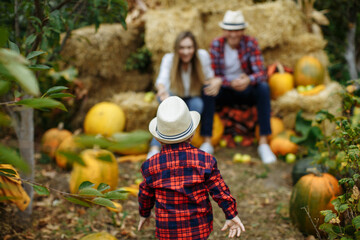 family in identical shirts hugs and plays against the background of hay and pumpkins in the garden