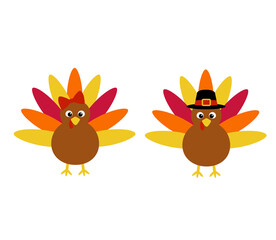 Vector illustration of thanksgiving turkey isolated on white background. Simple flat turkey for kids with bow and hat for kids